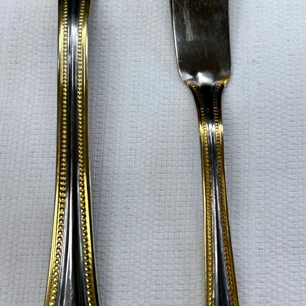 International Silver Royal Bead Gold 4 pc Serving Set Stainless 18/8 Spoons Fork